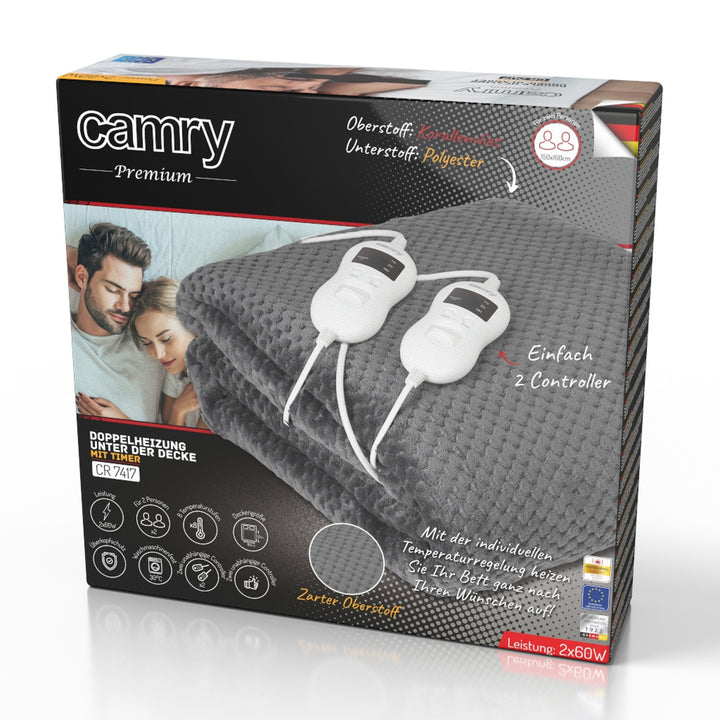 Camry elfilt, för 2 personer, mått 150x160cm, 8 värmenivåer, effekt 2 x 60W, grå, CR 7417