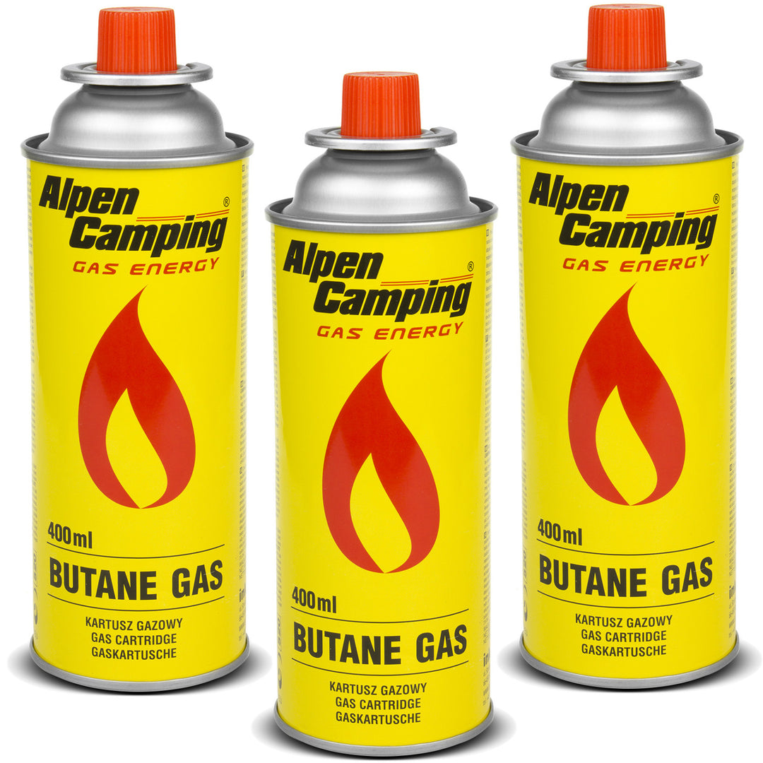 Gaspatron 400ml Alpen Camping. Certifikat: Pi 0875, överensstämmer med EN417, isobutan, driftområde -10°C till + 40°C, IK004, 3 st.