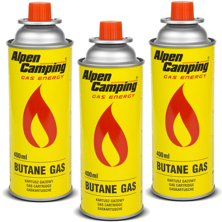Gaspatron 400ml Alpen Camping. Certifikat: Pi 0875, överensstämmer med EN417, isobutan, driftområde -10°C till + 40°C, IK004, 3 st.