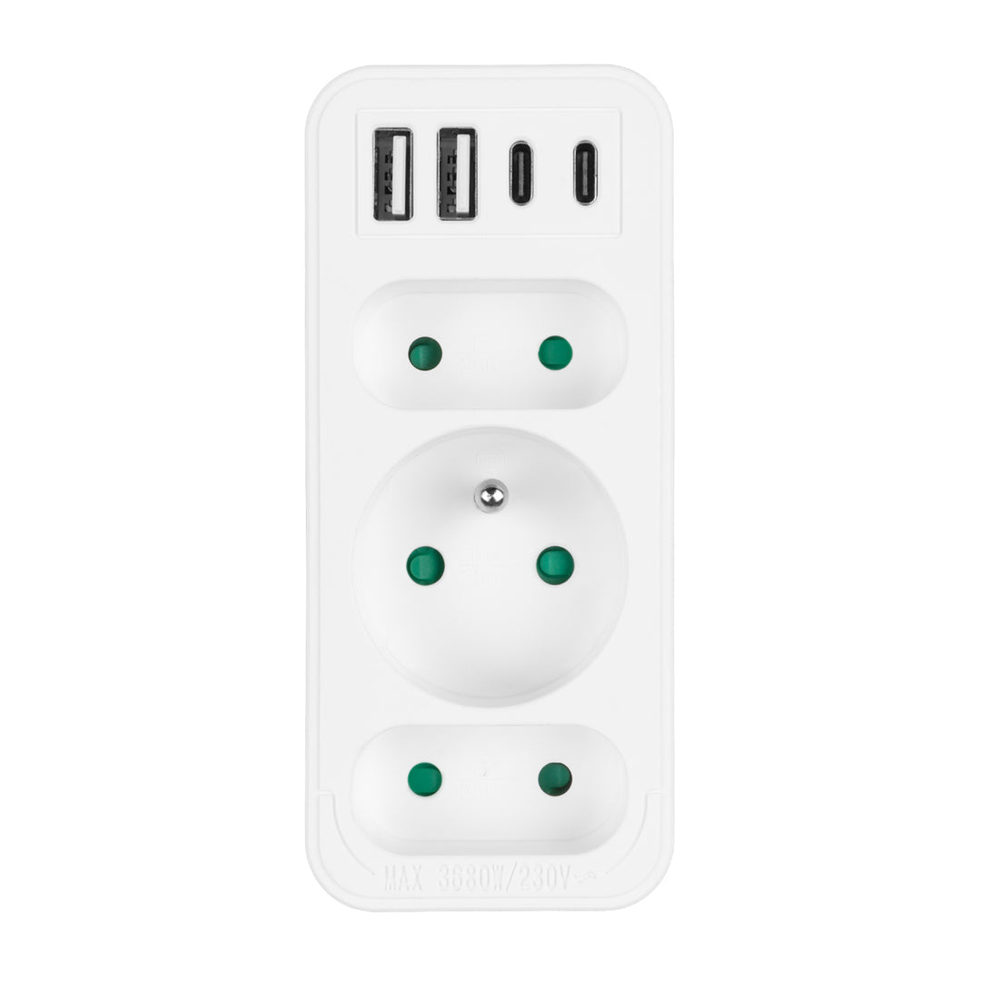 Strömuttag x3 + 4xUSB Maclean, 3-facks splitter, 2xUSB A, 2xUSB C PD 20W, 1x16A + 2x6A, MCE248 F/W, 2 st