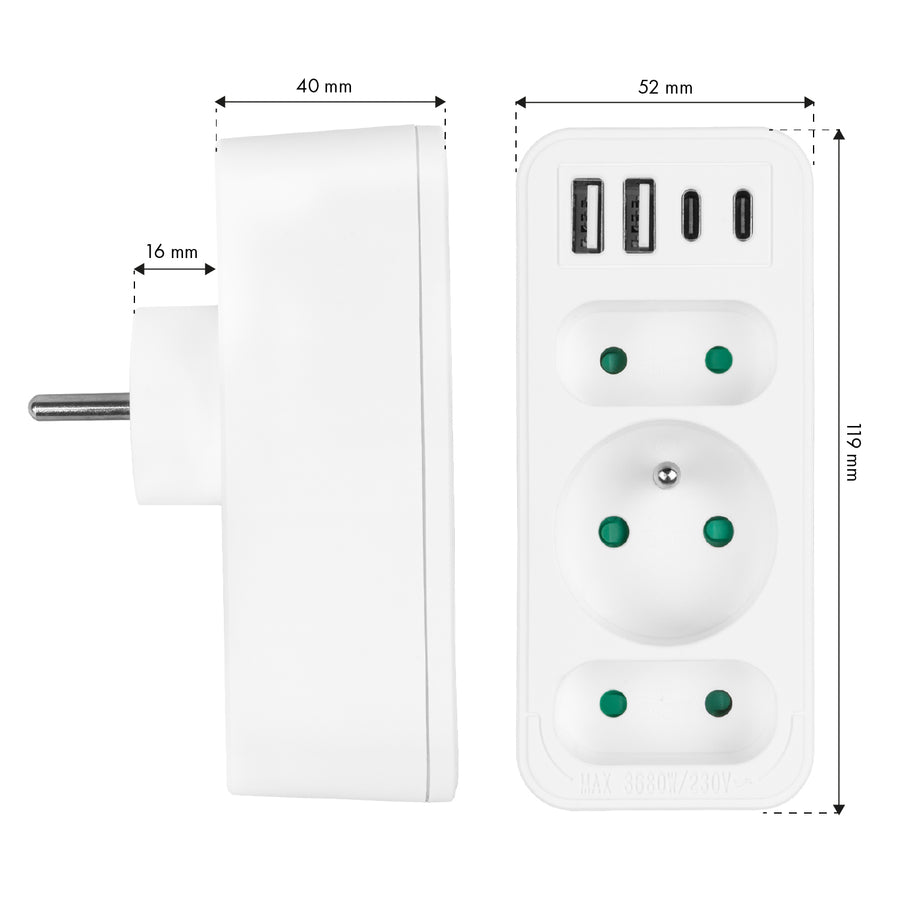 Strömuttag x3 + 4xUSB Maclean, 3-facks splitter, 2xUSB A, 2xUSB C PD 20W, 1x16A + 2x6A, MCE248 F/W, 2 st