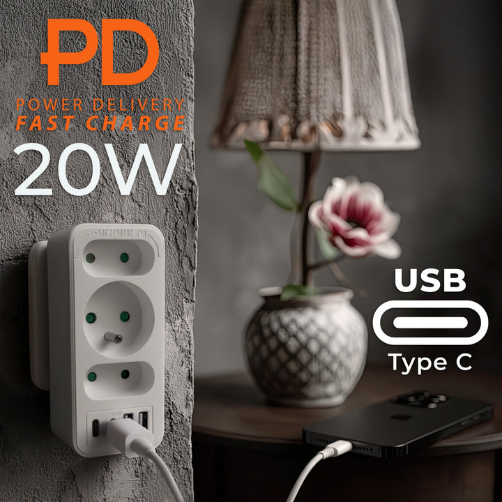 Strömuttag x3 + 4xUSB Maclean, 3-facks splitter, 2xUSB A, 2xUSB C PD 20W, 1x16A + 2x6A, MCE248 F/W, 2 st