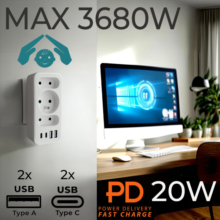 Strömuttag x3 + 4xUSB Maclean, 3-facks splitter, 2xUSB A, 2xUSB C PD 20W, 1x16A + 2x6A, MCE248 F/W, 2 st