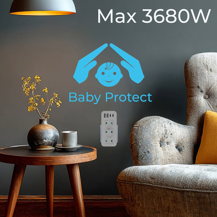 Strömuttag x3 + 4xUSB Maclean, 3-facks splitter, 2xUSB A, 2xUSB C PD 20W, 1x16A + 2x6A, MCE248 F/W, 2 st