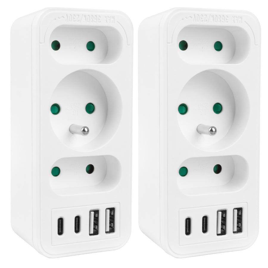 Strömuttag x3 + 4xUSB Maclean, 3-facks splitter, 2xUSB A, 2xUSB C PD 20W, 1x16A + 2x6A, MCE248 F/W, 2 st