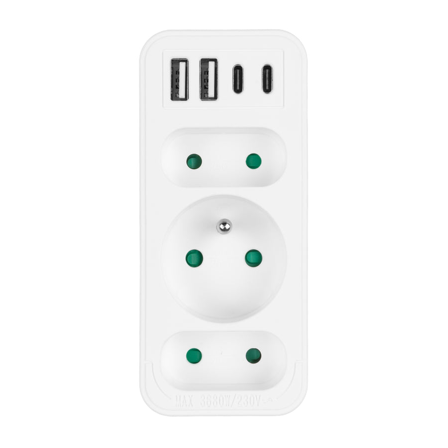 Strömuttag x3 + 4xUSB Maclean, 3-facks splitter, 2xUSB A, 2xUSB C PD 20W, 1x16A + 2x6A, MCE248 F/W, 3 st