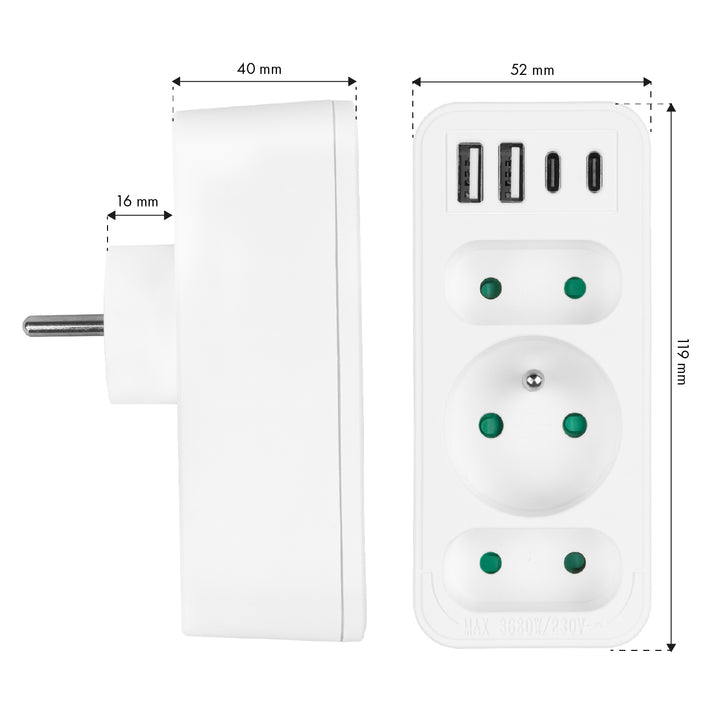 Strömuttag x3 + 4xUSB Maclean, 3-facks splitter, 2xUSB A, 2xUSB C PD 20W, 1x16A + 2x6A, MCE248 F/W, 3 st