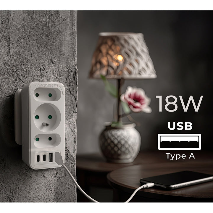 Strömuttag x3 + 4xUSB Maclean, 3-facks splitter, 2xUSB A, 2xUSB C PD 20W, 1x16A + 2x6A, MCE248 F/W, 3 st