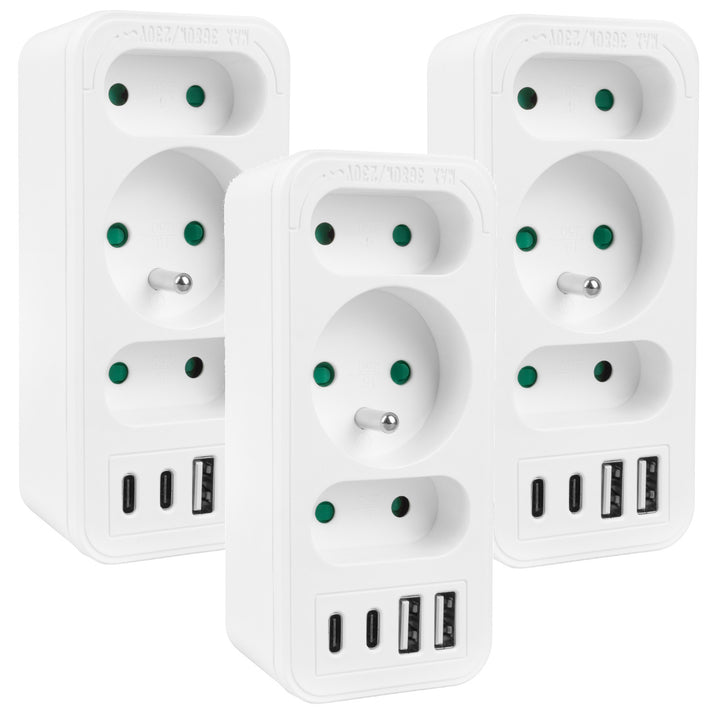 Strömuttag x3 + 4xUSB Maclean, 3-facks splitter, 2xUSB A, 2xUSB C PD 20W, 1x16A + 2x6A, MCE248 F/W, 3 st