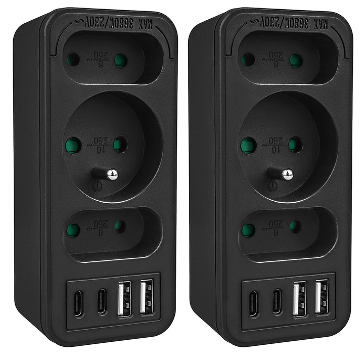 Strömuttag x3 + 4xUSB Maclean, 3-facks splitter, 2xUSB A, 2xUSB C PD 20W, 1x16A + 2x6A, MCE248 F/B, 2 st
