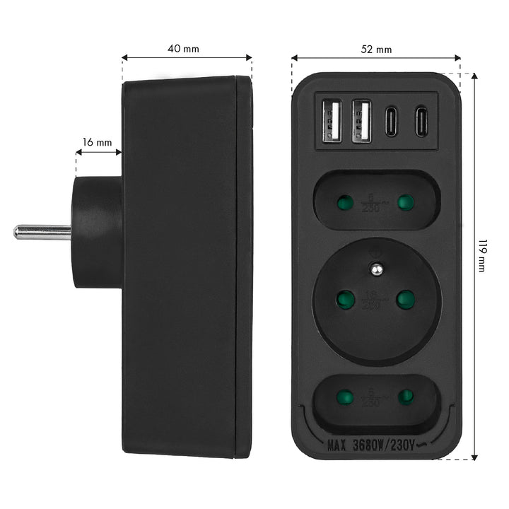 Strömuttag x3 + 4xUSB Maclean, 3-facks splitter, 2xUSB A, 2xUSB C PD 20W, 1x16A + 2x6A, MCE248 F/B, 3 st