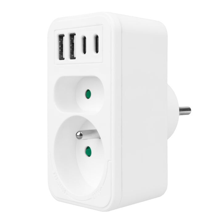 Maclean strömuttag x2 + 4xUSB, splitter med 2 uttag, 2xUSB A, 2xUSB C PD 20W, 1x16A + 1x6A, MCE249 F/W, 2 st