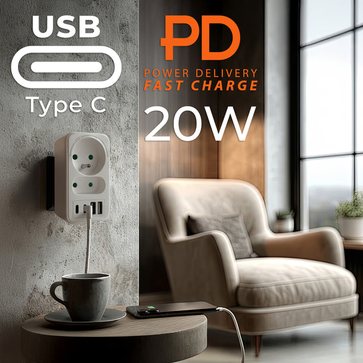 Maclean strömuttag x2 + 4xUSB, splitter med 2 uttag, 2xUSB A, 2xUSB C PD 20W, 1x16A + 1x6A, MCE249 F/W, 2 st