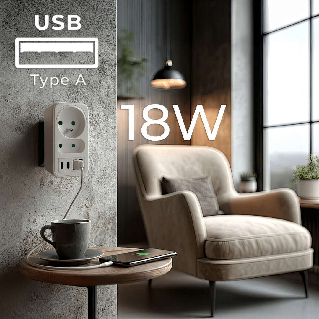 Maclean strömuttag x2 + 4xUSB, splitter med 2 uttag, 2xUSB A, 2xUSB C PD 20W, 1x16A + 1x6A, MCE249 F/W, 2 st
