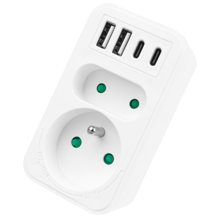 Maclean strömuttag x2 + 4xUSB, splitter med 2 uttag, 2xUSB A, 2xUSB C PD 20W, 1x16A + 1x6A, MCE249 F/W, 3 st