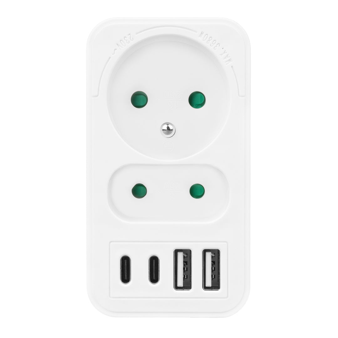 Maclean strömuttag x2 + 4xUSB, splitter med 2 uttag, 2xUSB A, 2xUSB C PD 20W, 1x16A + 1x6A, MCE249 F/W, 3 st