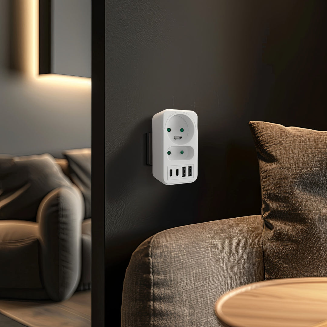 Maclean strömuttag x2 + 4xUSB, splitter med 2 uttag, 2xUSB A, 2xUSB C PD 20W, 1x16A + 1x6A, MCE249 F/W, 3 st