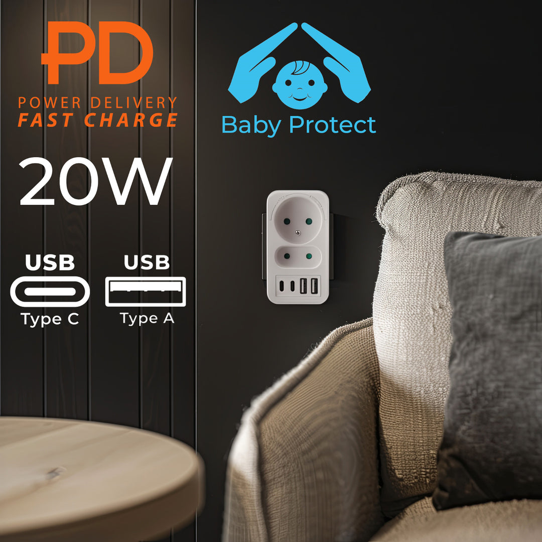 Maclean strömuttag x2 + 4xUSB, splitter med 2 uttag, 2xUSB A, 2xUSB C PD 20W, 1x16A + 1x6A, MCE249 F/W, 3 st