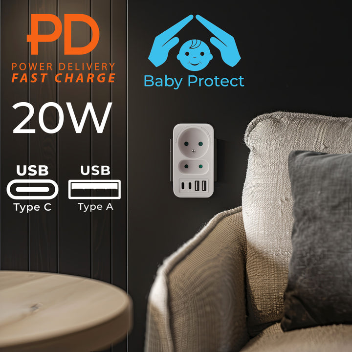 Maclean strömuttag x2 + 4xUSB, splitter med 2 uttag, 2xUSB A, 2xUSB C PD 20W, 1x16A + 1x6A, MCE249 F/W, 3 st