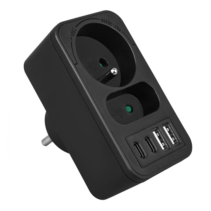 Maclean strömuttag x2 + 4xUSB, splitter med 2 uttag, 2xUSB A, 2xUSB C PD 20W, 1x16A + 1x6A, MCE249 F/B, 2 st