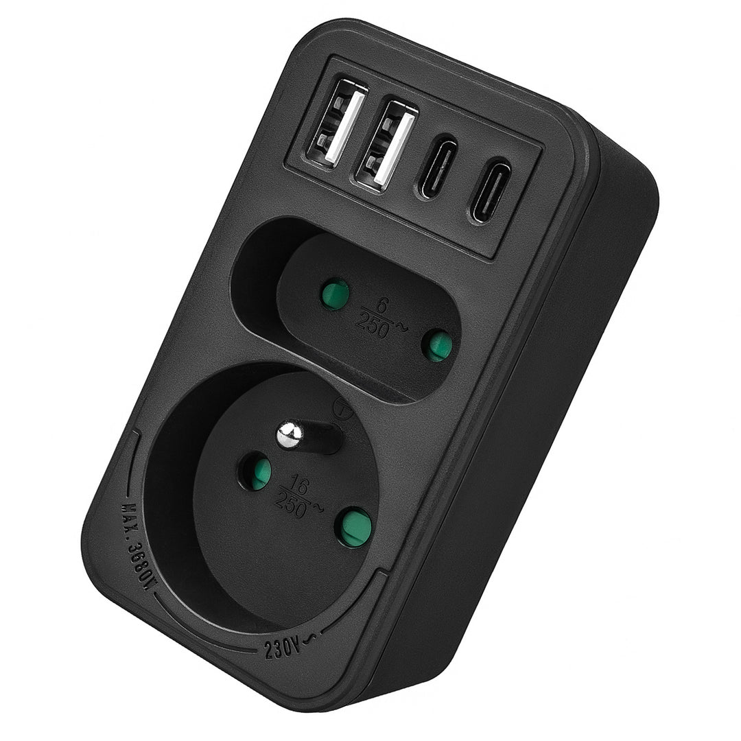 Maclean strömuttag x2 + 4xUSB, splitter med 2 uttag, 2xUSB A, 2xUSB C PD 20W, 1x16A + 1x6A, MCE249 F/B, 2 st
