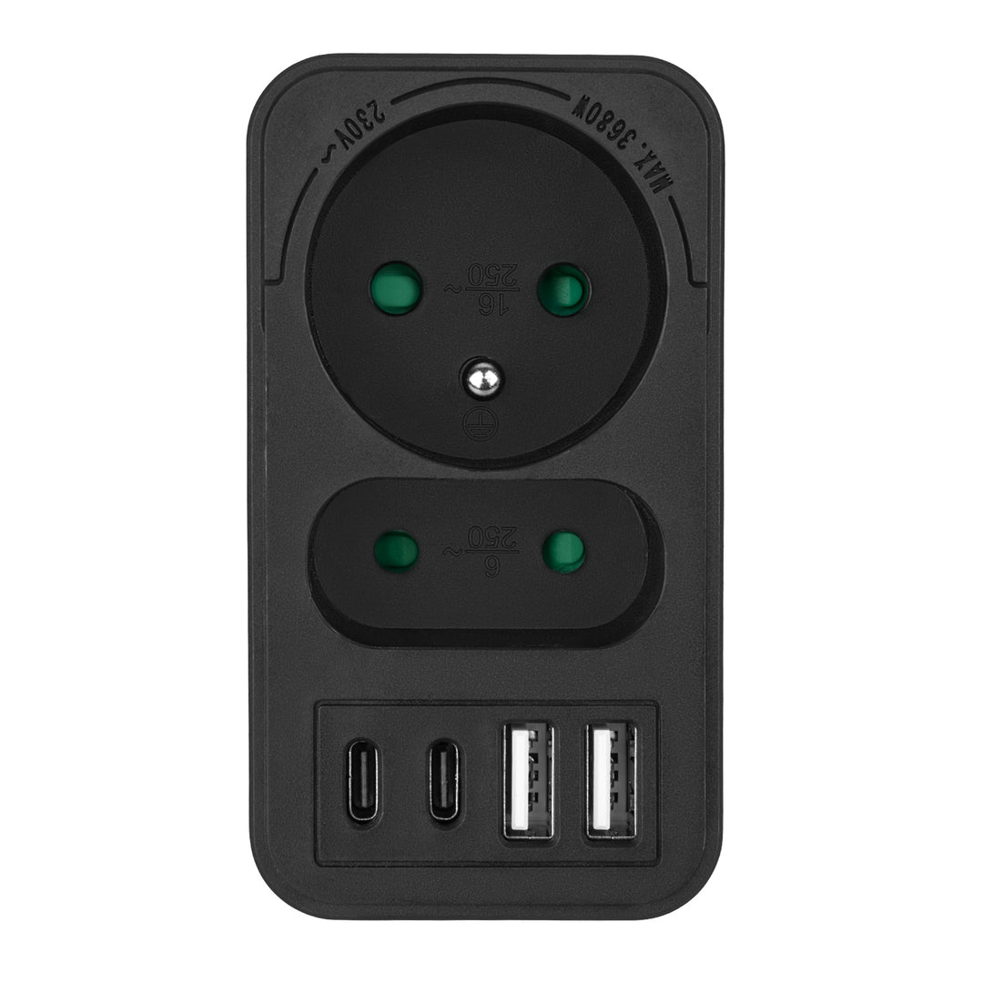 Maclean strömuttag x2 + 4xUSB, splitter med 2 uttag, 2xUSB A, 2xUSB C PD 20W, 1x16A + 1x6A, MCE249 F/B, 2 st