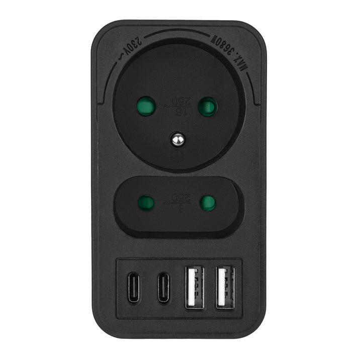 Maclean strömuttag x2 + 4xUSB, splitter med 2 uttag, 2xUSB A, 2xUSB C PD 20W, 1x16A + 1x6A, MCE249 F/B, 2 st