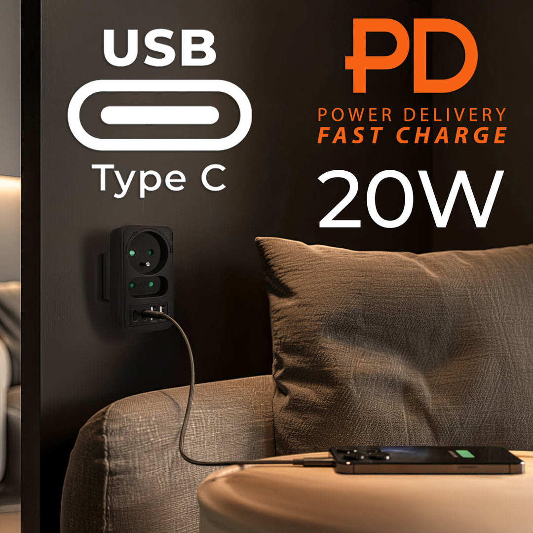 Maclean strömuttag x2 + 4xUSB, splitter med 2 uttag, 2xUSB A, 2xUSB C PD 20W, 1x16A + 1x6A, MCE249 F/B, 2 st