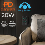 Maclean strömuttag x2 + 4xUSB, splitter med 2 uttag, 2xUSB A, 2xUSB C PD 20W, 1x16A + 1x6A, MCE249 F/B, 2 st