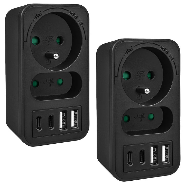 Maclean strömuttag x2 + 4xUSB, splitter med 2 uttag, 2xUSB A, 2xUSB C PD 20W, 1x16A + 1x6A, MCE249 F/B, 2 st