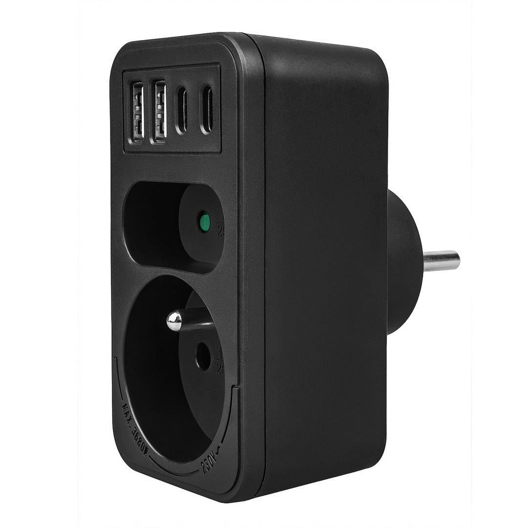 Maclean strömuttag x2 + 4xUSB, splitter med 2 uttag, 2xUSB A, 2xUSB C PD 20W, 1x16A + 1x6A, MCE249 F/B, 3 st