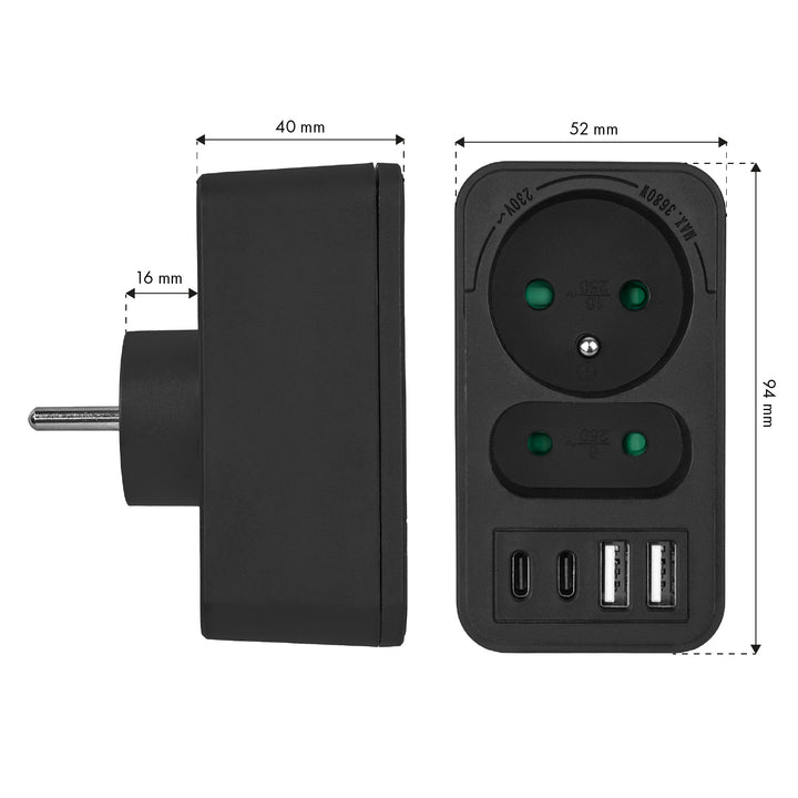 Maclean strömuttag x2 + 4xUSB, splitter med 2 uttag, 2xUSB A, 2xUSB C PD 20W, 1x16A + 1x6A, MCE249 F/B, 3 st