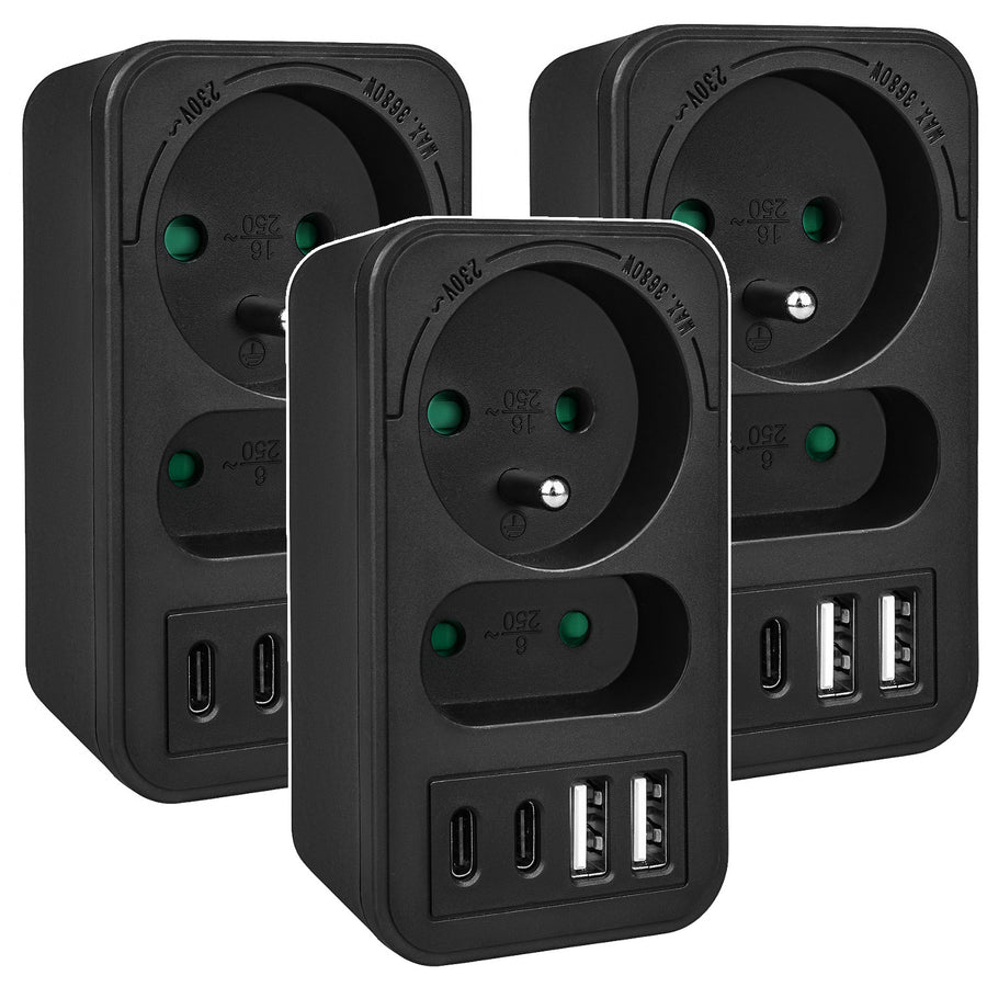 Maclean strömuttag x2 + 4xUSB, splitter med 2 uttag, 2xUSB A, 2xUSB C PD 20W, 1x16A + 1x6A, MCE249 F/B, 3 st