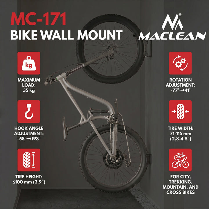 Maclean cykelhållare/vägghängare, max. belastning 35 kg, justerbar lutningsvinkel, stål, MC-171