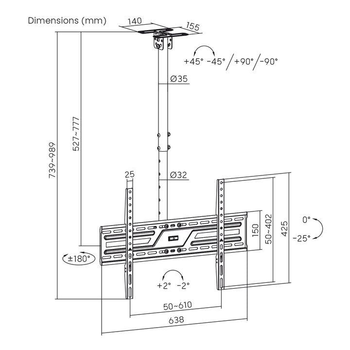 Takfäste/takhängare för TV från Maclean, max. belastning 50 kg, 37–86", max. VESA 600x400, MC-173