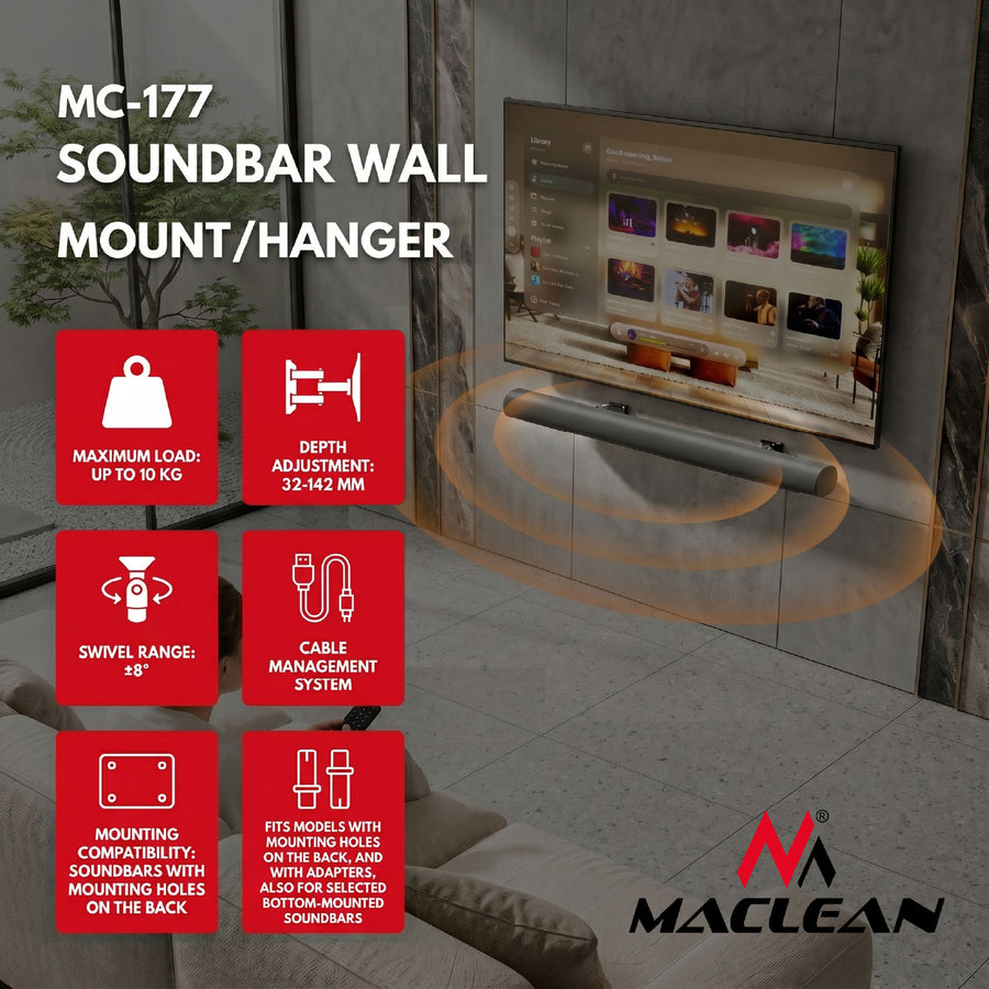 Väggfäste/vägghängare för Maclean-soundbar, vinkeljustering +8°–-8°, max. belastning 10 kg, tillverkad av stål, MC-177