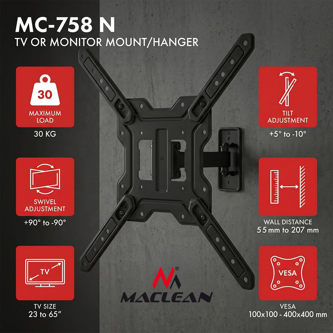 Fäste/hängare för TV eller bildskärm från Maclean, max. 23–65", max. belastning 30 kg, universellt, max. VESA 400x400, MC-758 N