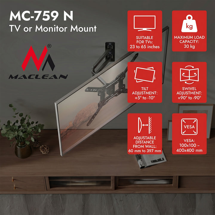 TV- eller bildskärmsfäste/hängare från Maclean, max. 23–65", max. belastning 30 kg, universellt, max. VESA 400x400, MC-759 N