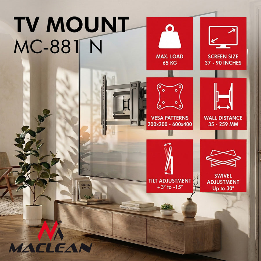 TV-fäste/hängare Maclean, max. VESA 600x400, 37–90", max. belastning 65 kg, svart, MC-881 N