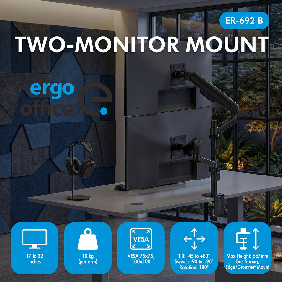 Ergo Office-fäste/hängare för 2 bildskärmar, gasfjäder, 17–32 tum, 1–10 kg, matt svart, ER-692 B