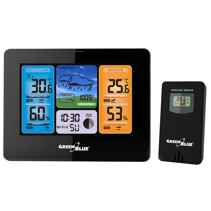 GreenBlue WiFi-väderstation, TUYA-kompatibel, utomhussensor, kalender, väderprognos, barometer, nätadapter, batterier, GB215