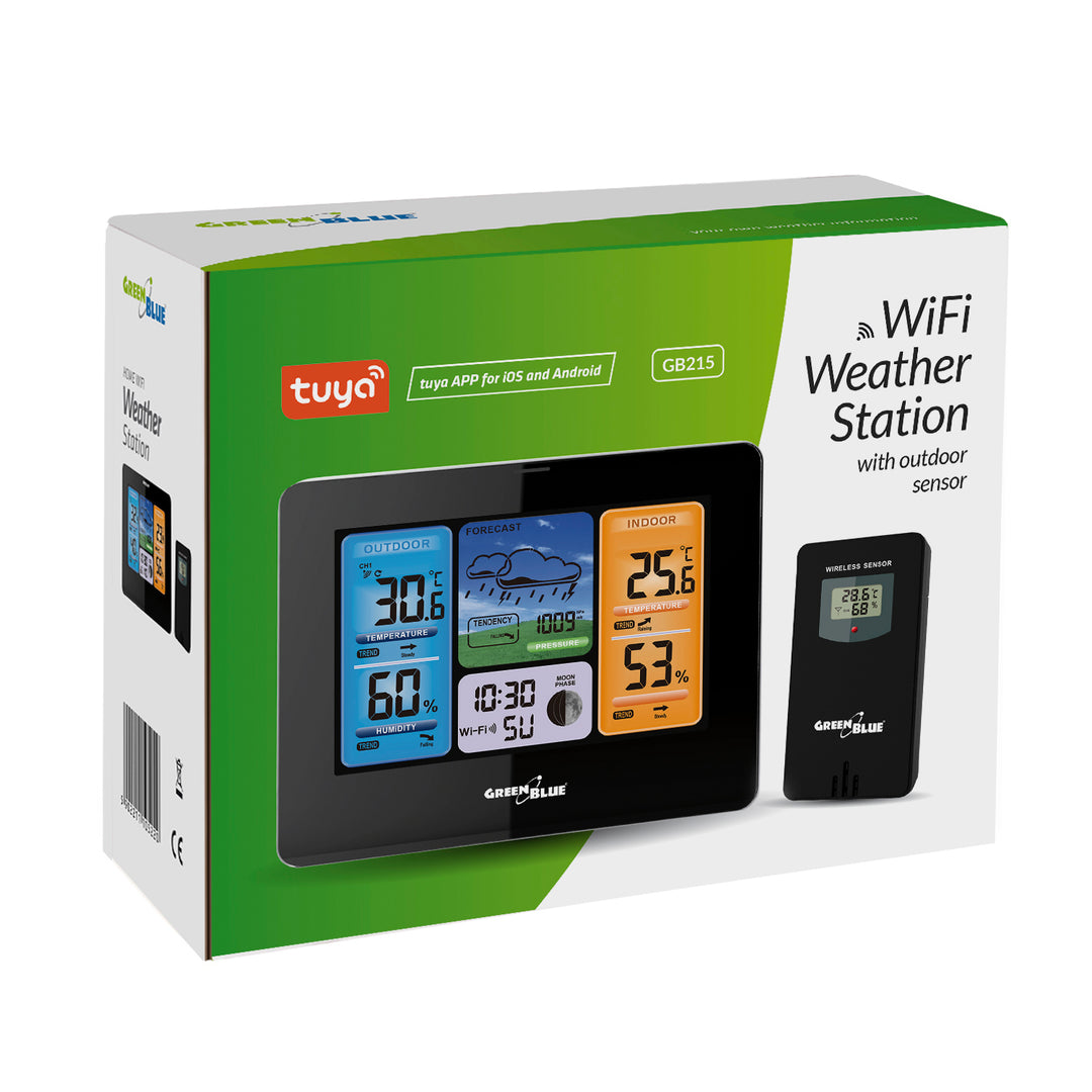 GreenBlue WiFi-väderstation, TUYA-kompatibel, utomhussensor, kalender, väderprognos, barometer, nätadapter, batterier, GB215