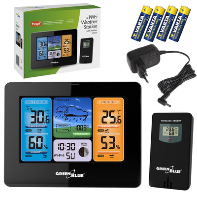GreenBlue WiFi-väderstation, TUYA-kompatibel, utomhussensor, kalender, väderprognos, barometer, nätadapter, batterier, GB215