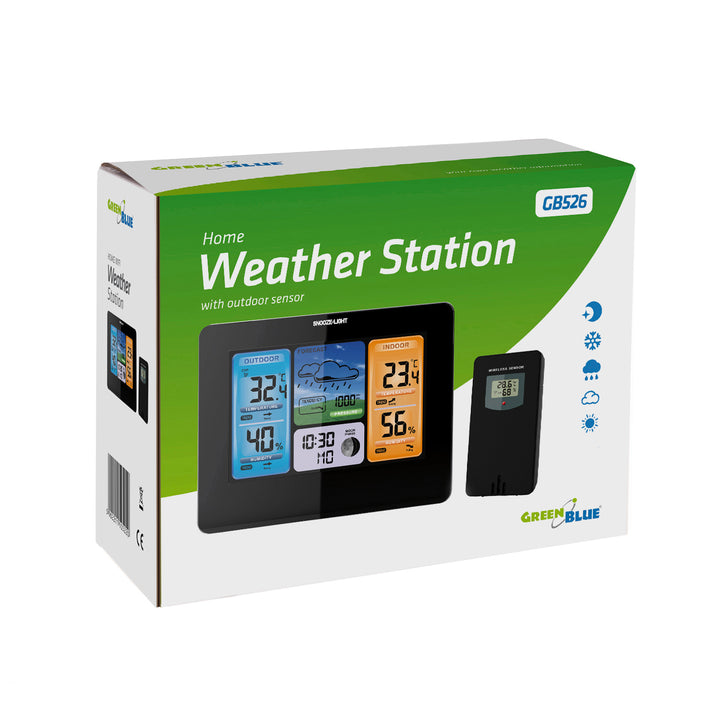 GreenBlue trådlös väderstation, färg, med DCF, månfaser, nätadapter, batterier, GB526