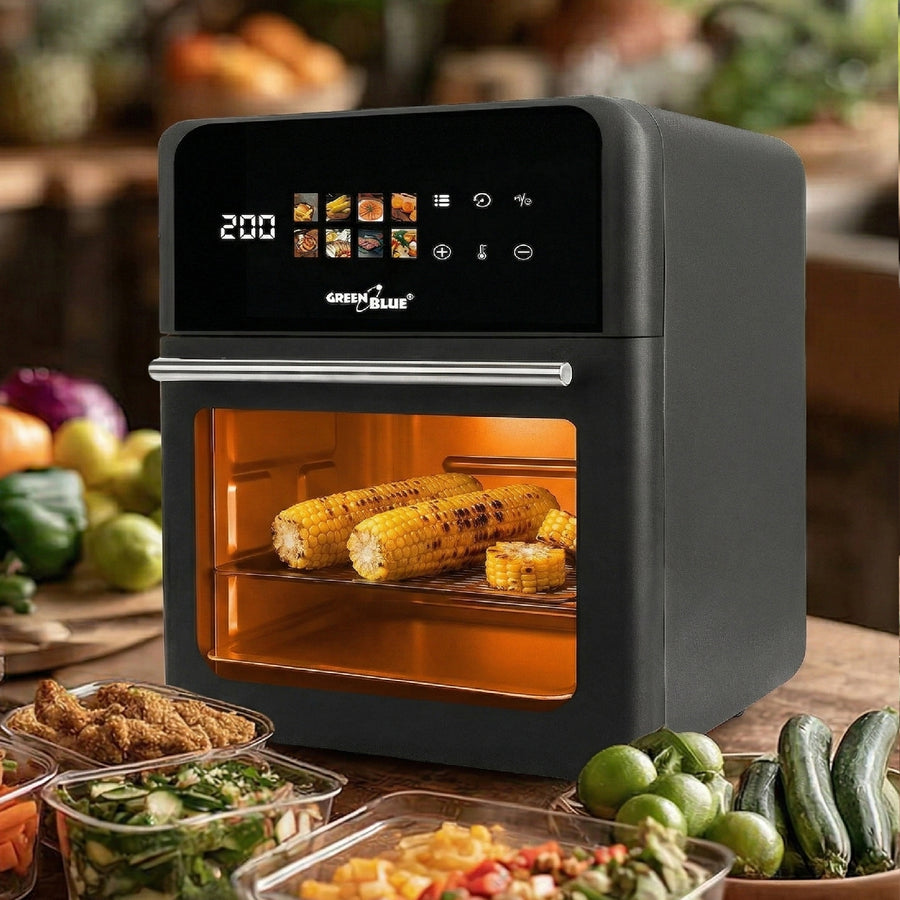 GreenBlue AIR FRYER fettfri fritös, kraftfull 1800 W, 10 liters kapacitet, 8 program, tillbehör, timer, GB950