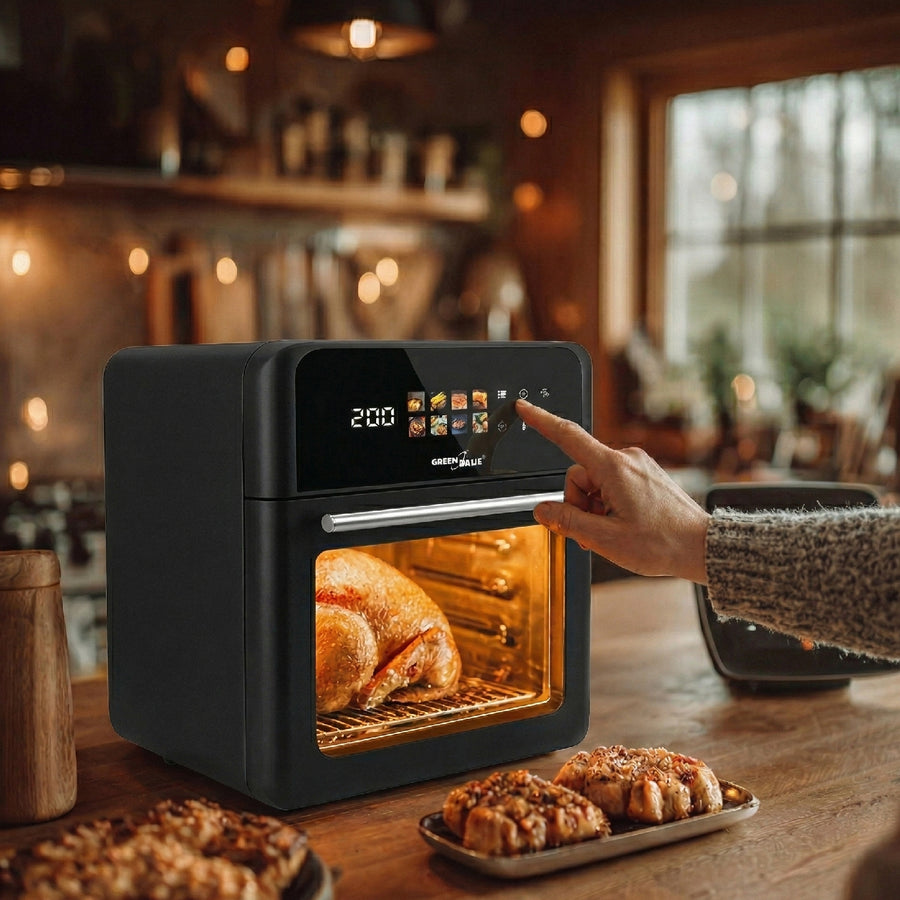 GreenBlue AIR FRYER fettfri fritös, kraftfull 1800 W, 10 liters kapacitet, 8 program, tillbehör, timer, GB950