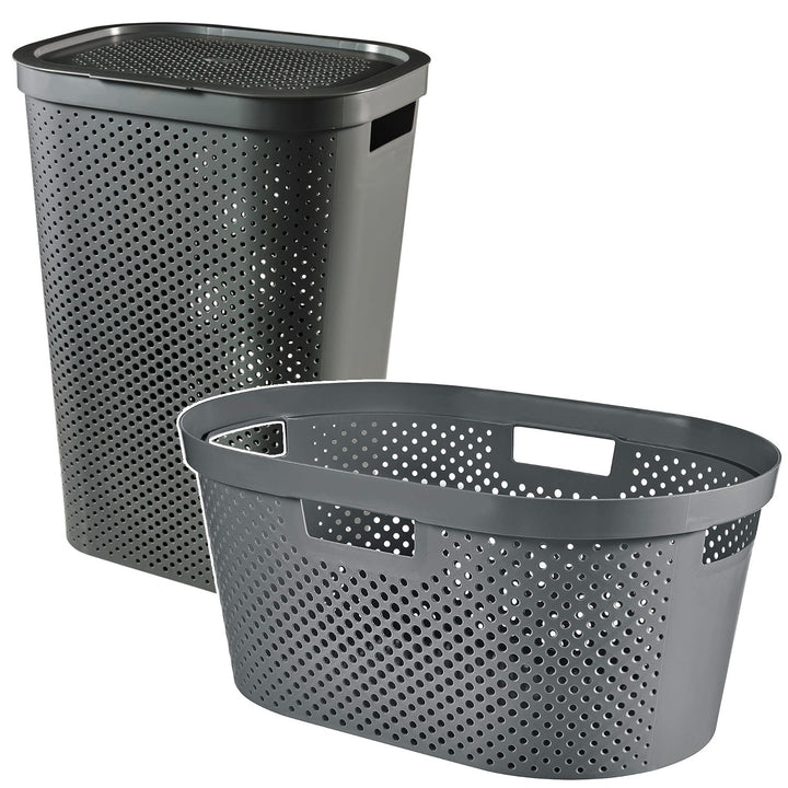 Curver Infinity Recycled mangle / tvättkorg, Kapacitet 40L, Mörkgrå, 100% återvunnen, 245675 + Curver Infinity Recycled 60L tvättkorg