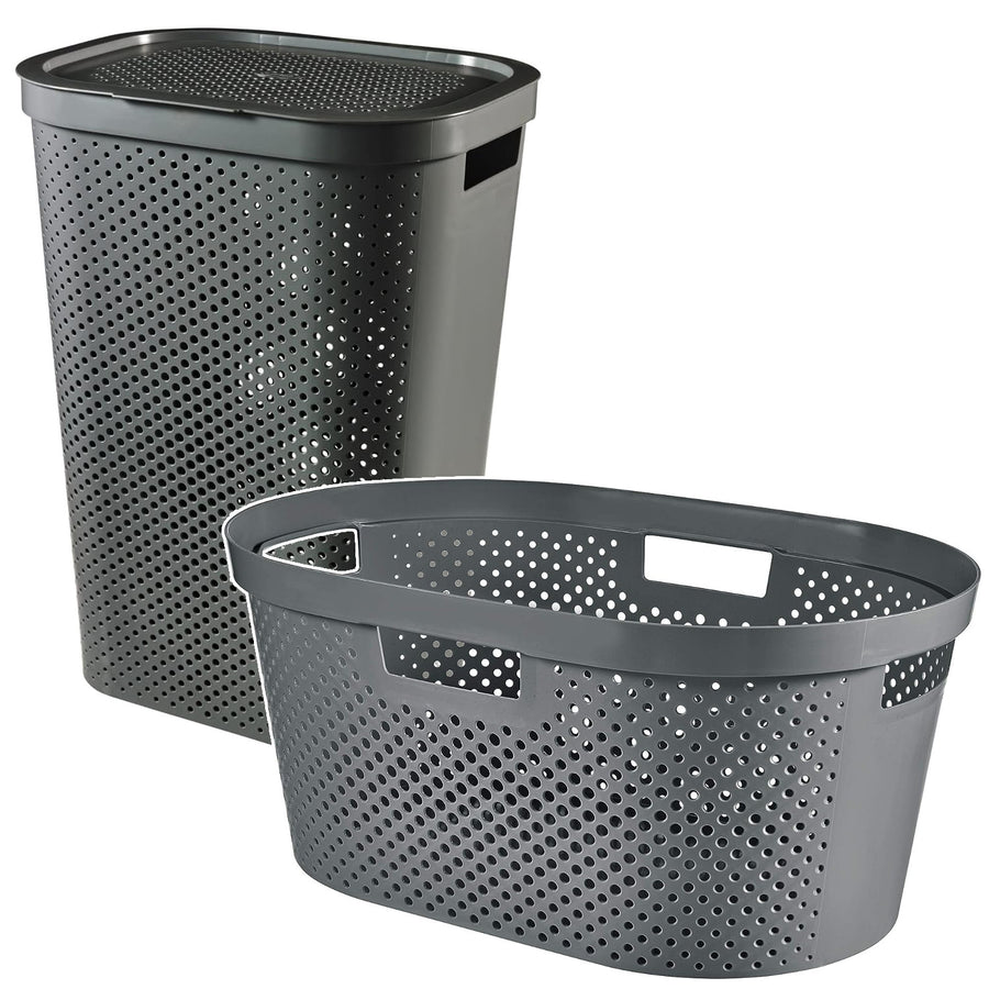 Curver Infinity Recycled mangle / tvättkorg, Kapacitet 40L, Mörkgrå, 100% återvunnen, 245675 + Curver Infinity Recycled 60L tvättkorg
