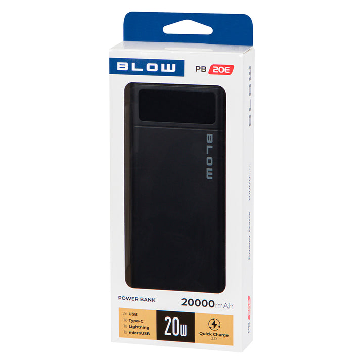 Powerbank 20 000 mAh PB20E QC+PD 20 W + Lightning, svart, Blow