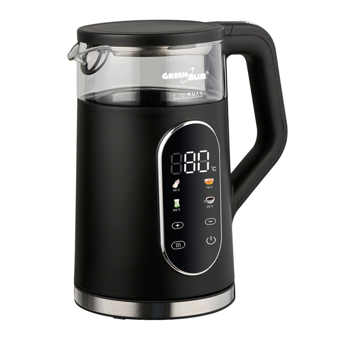 GreenBlue trådlös vattenkokare, volym 1,7 l, vattenbehållare i glas, tydlig display, temperaturval, 2200 W, GB670 B